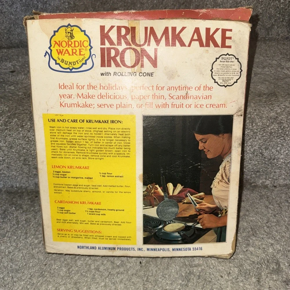 Vtg Scandinavian Nordic Ware Krumkake Iron with Wood Handle Stand & Cone in Box